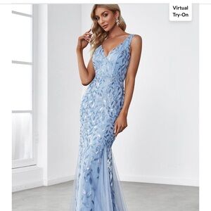 Ever Pretty Powder Blue V-Neck Sequin Prom Gown